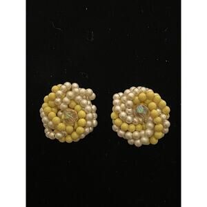 vtg clip on earrings knots yellow and white beads cottage core coastal grandma